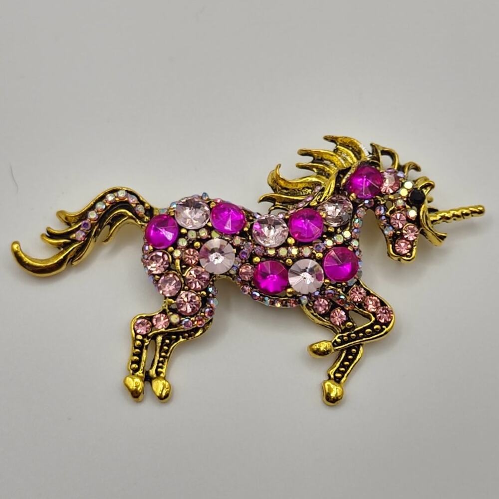 Unicorn Brooch Pink & Purple Rhinestones and Faux Jewels Gold Tone Metal